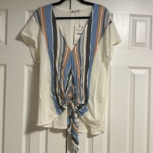 Zara Women’s Short-sleeve V Neck Striped Front Tie Top